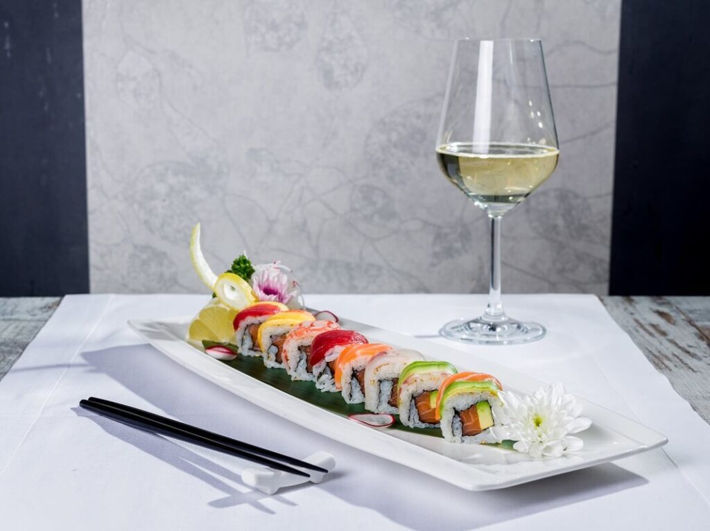 Rainbow sushi roll with salmon